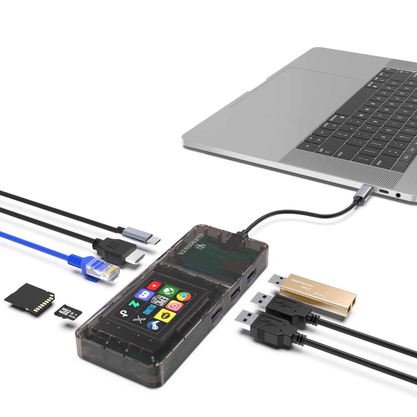 Elementa USB-C Docking Station with 12 LCD Custom Hotkeys All-in-One Visual Type-C Hub with 4K HDMI, 100W PD, Ethernet, SD/TF  Compatible with USB 3.1 Laptops and PCs